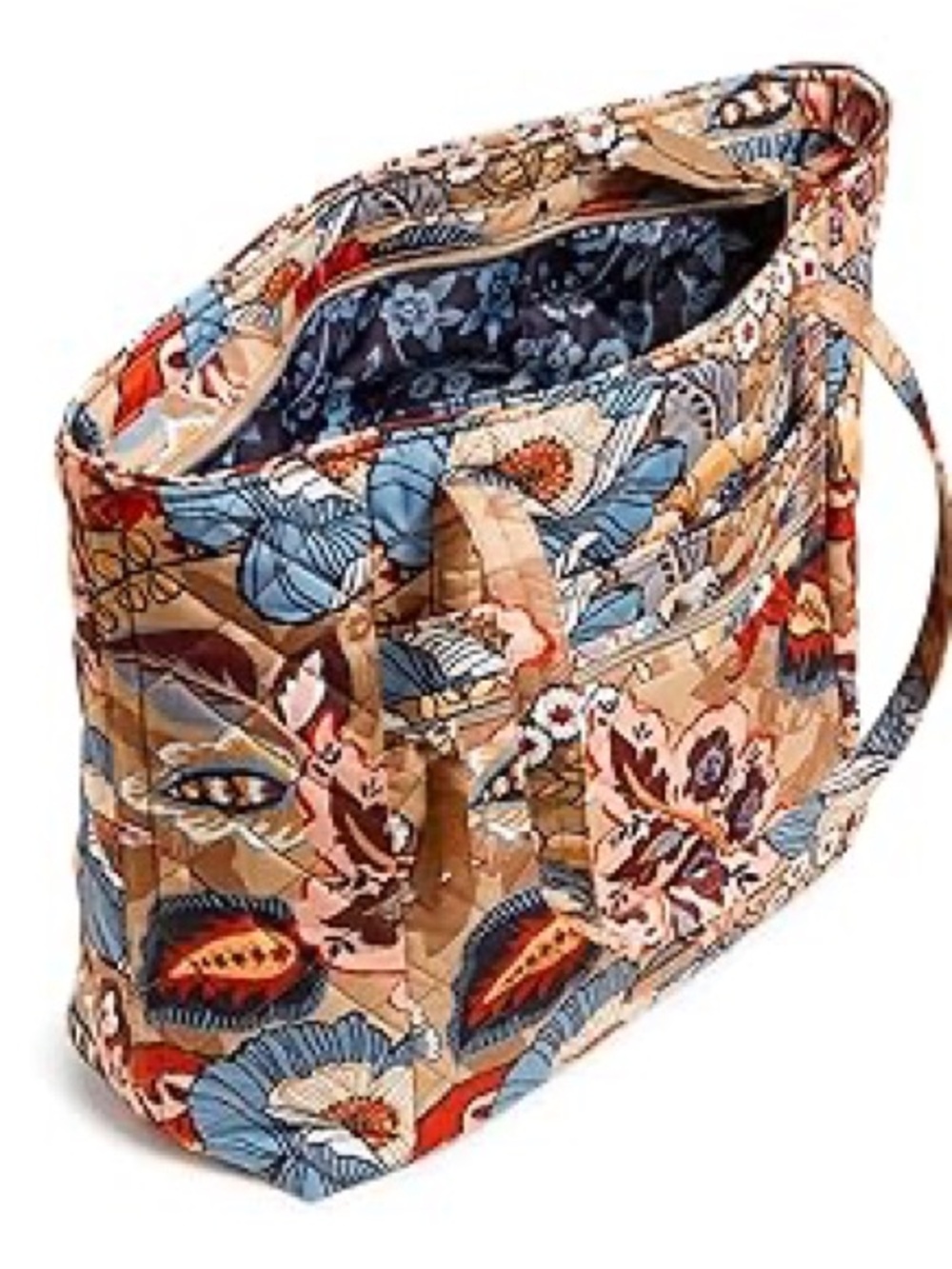 Quilted Floral Tote Bag in Beige Blue